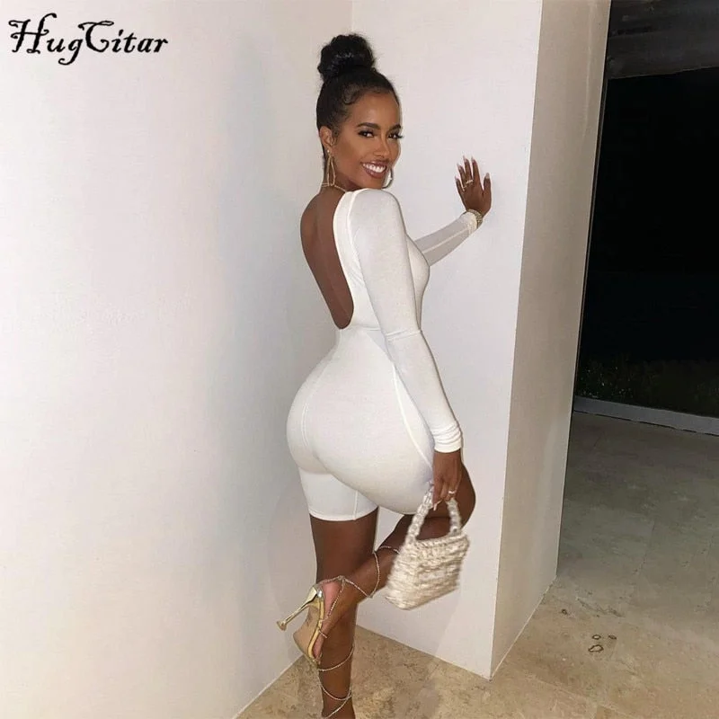 Hugcitar 2021 Long Sleeve Bodycon Stretchy Playsuit Summer Women Fashion Streetwear Outfits Romper White Body