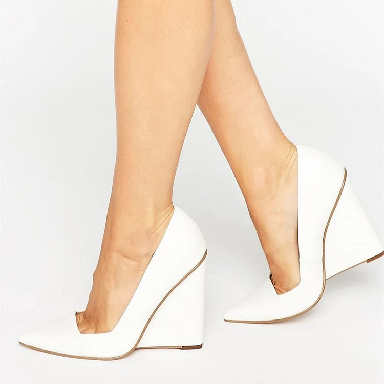 White Low Cut Upper Pointy Toe Wedge Heels Pumps |FSJ Shoes