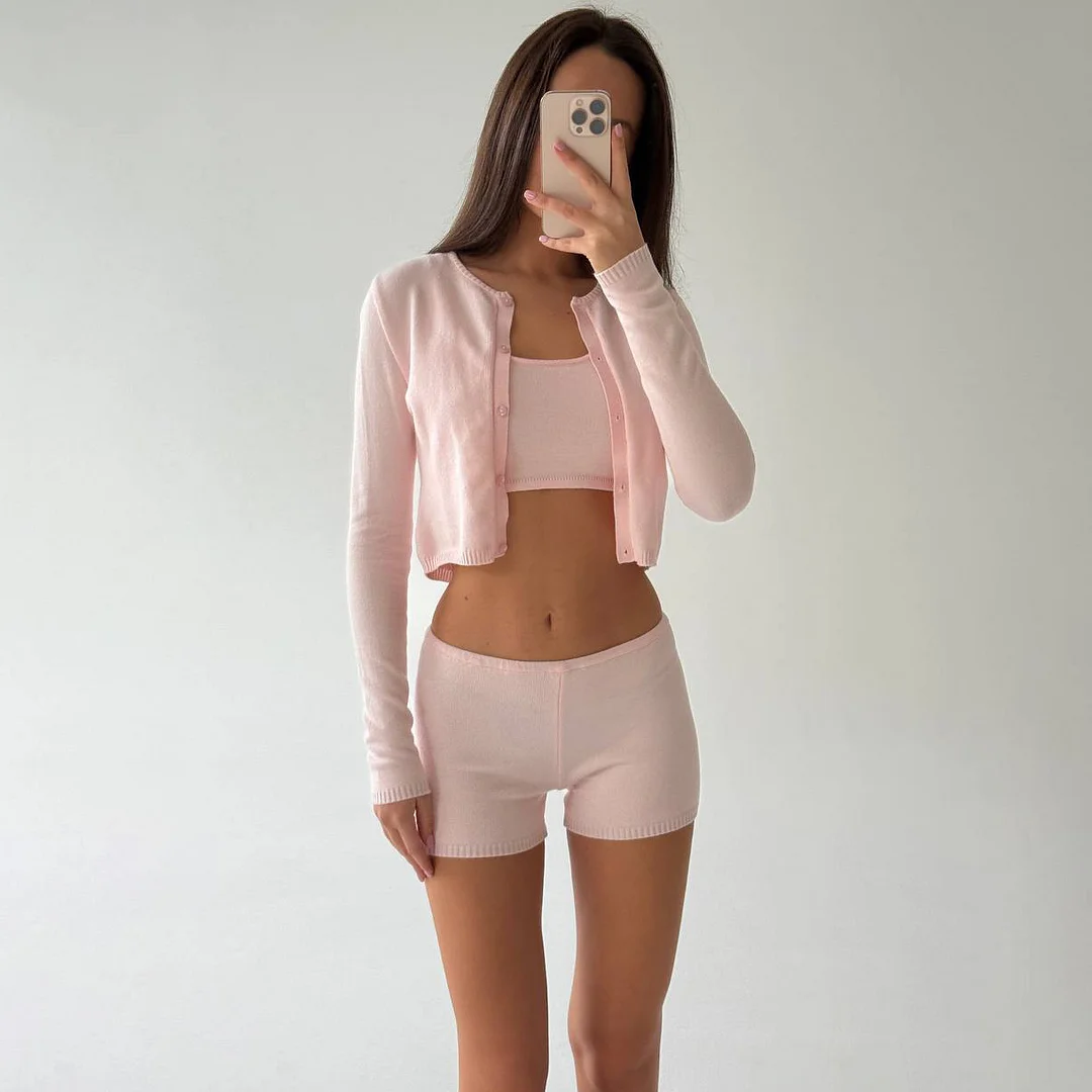Athvotar Athvotar Knitted Shirt Home Cardigan Short Vest Shorts Light Pink White Optional Comfortable Fashionable Autumn And Winter Woman