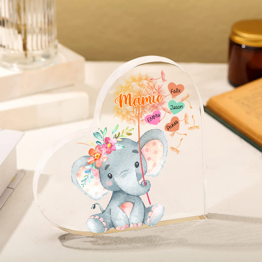 À ma Mamie - Plaque Acrylique Éléphant en Forme de Cœur 4 Prénoms Personnalisés