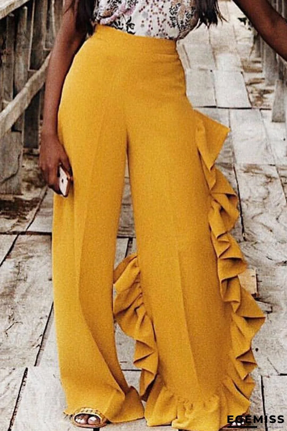 Yellow Elastic Fly Mid Patchwork Loose Pants Pants | EGEMISS