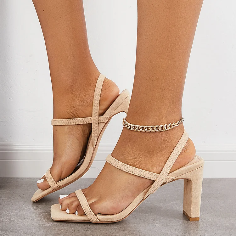 Square Toe Elastic Strappy Chunky High Heels Slip on Sandals