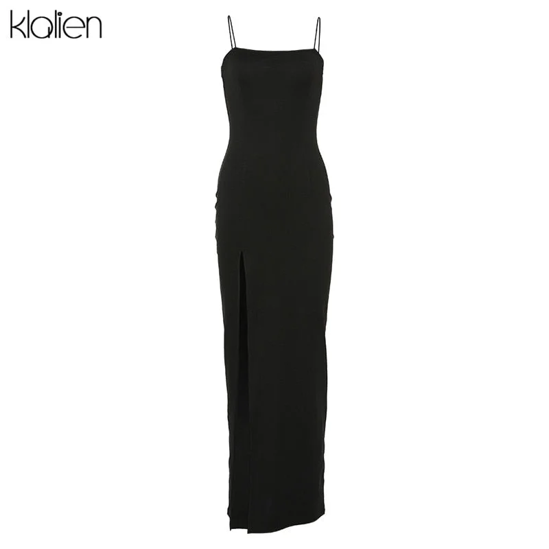 KLALIEN Sexy High Split Slash Neck Spaghetti Strap Dress Hip Package Floor Length Bodycon Senior Dress 2021 Women Party Club