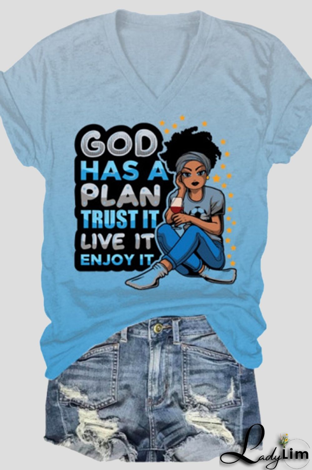 Pink Orange Fashion Casual Gradual Change Print Basic V Neck T-Shirts