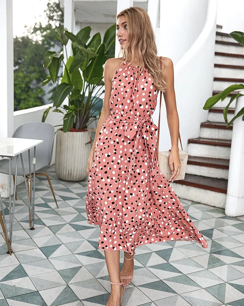 The New WOMEN Summer Polka Dot Sling Holiday Casual Dress Fashionable Sleeveless Bohemian Ankle-Length