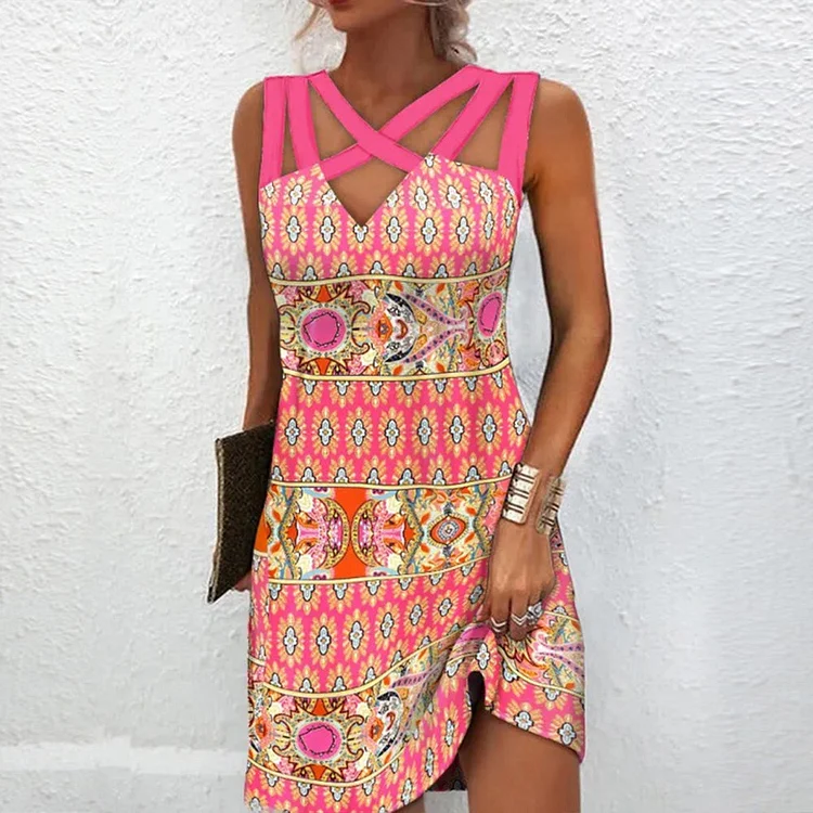 Hot Pink Caged Top Mixed Print Mini beach dresses
