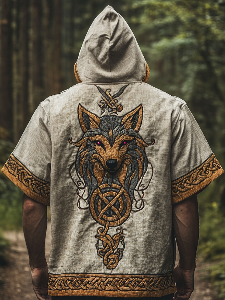Men's Viking Tribal Print Wolf Art Pattern Linen Short Sleeve Hoodie / Rvogue / Rvogue