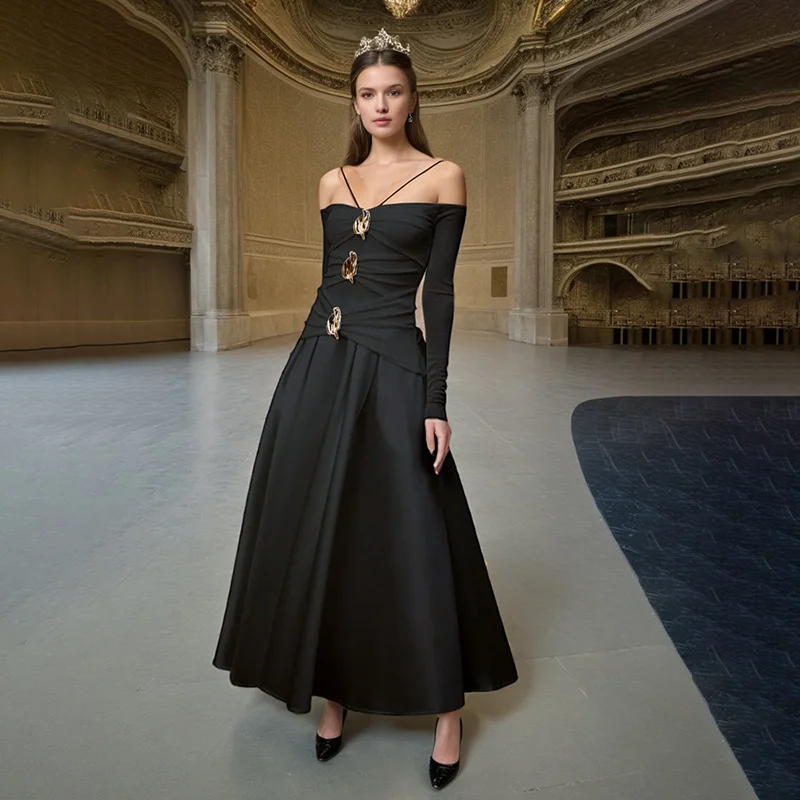 Zingj French Style Shoulder Folding Long-Sleeved Dress In Spring 2025 New Temperament Elegant High-End Evening Dress