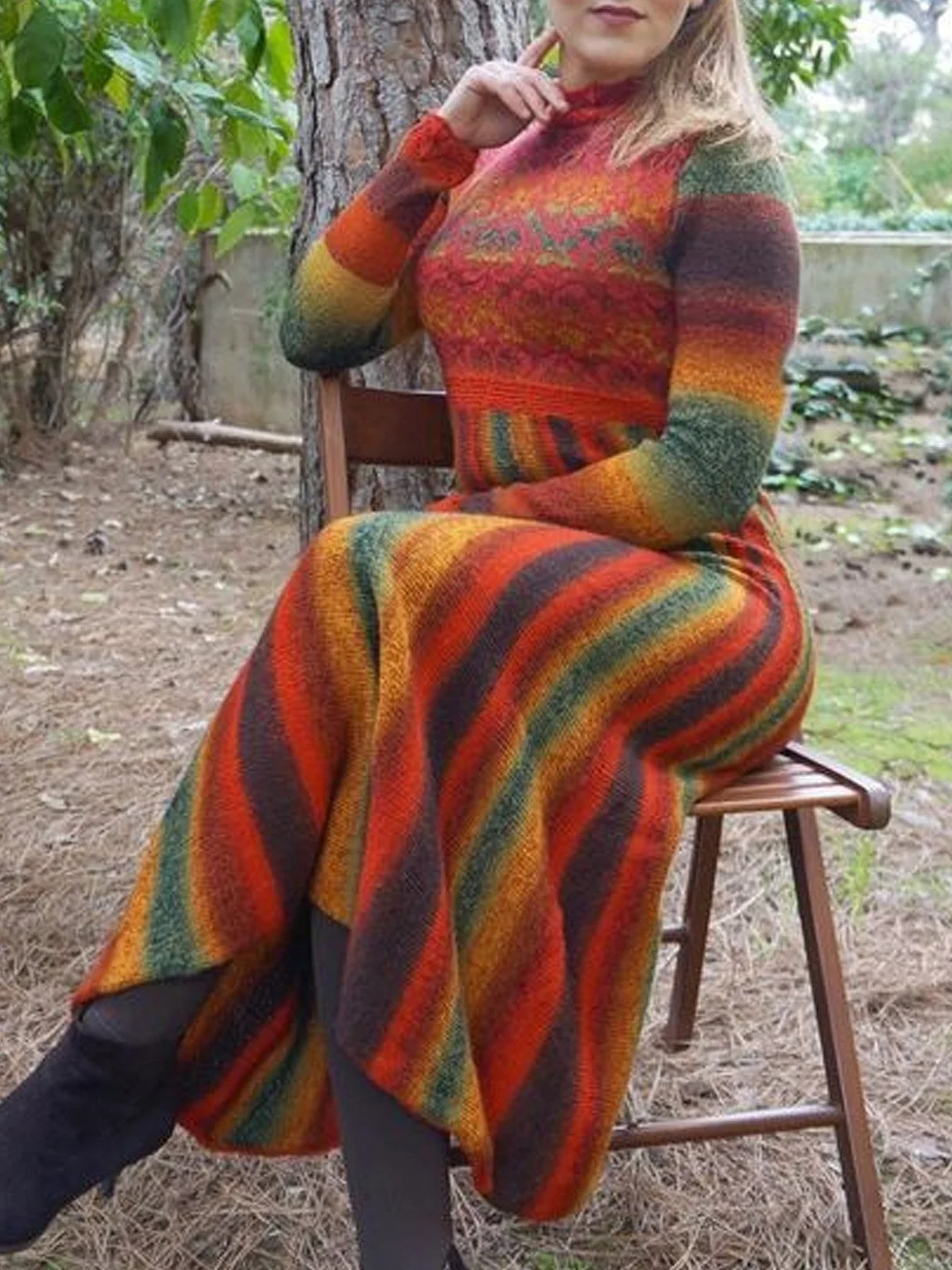 Elegant Long Sleeve Printed Patchwork Sweater Dress | EGEMISS