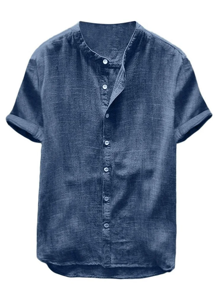Short-sleeved solid color cotton and linen men's shirt