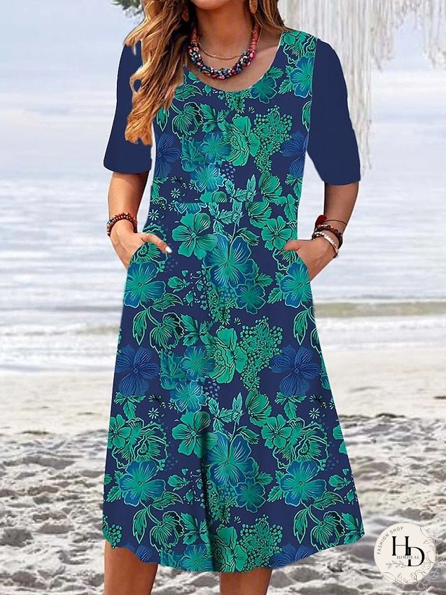 Casual Dress Floral Dress Summer Dress Graphic Floral Pocket Print Crew Neck Midi Dress Fashion Modern Daily Holiday Short Sleeve Loose Fit Aqua Blue White Light Green Summer Spring S M L XL for Women