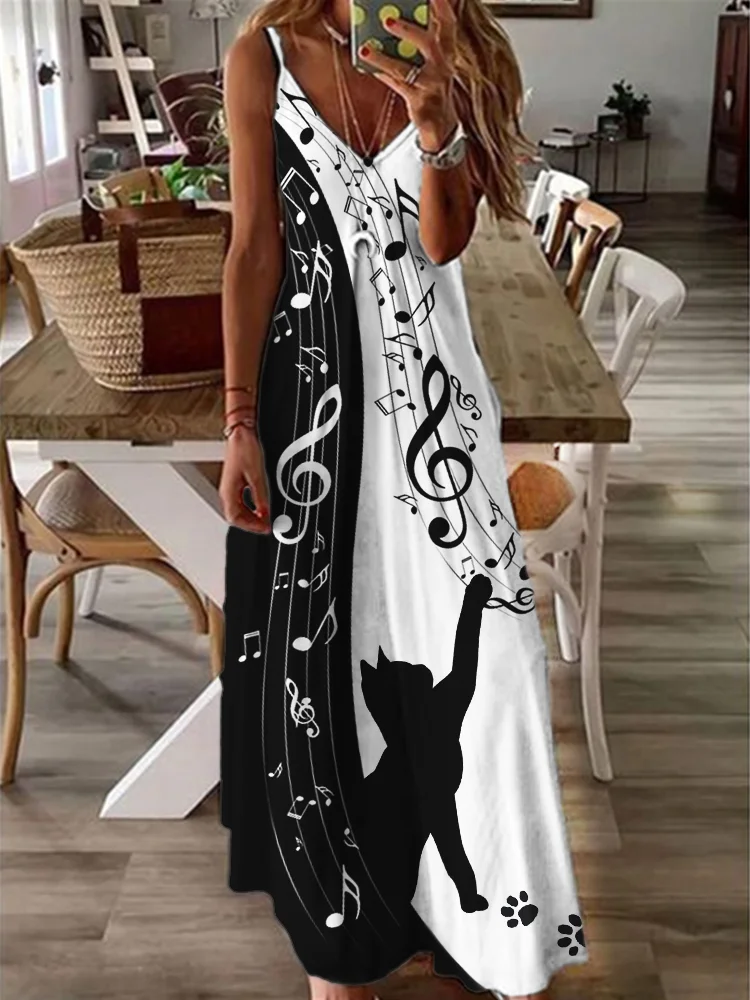 Curious Cat Music Notes Contrast Color Cami Maxi Dress