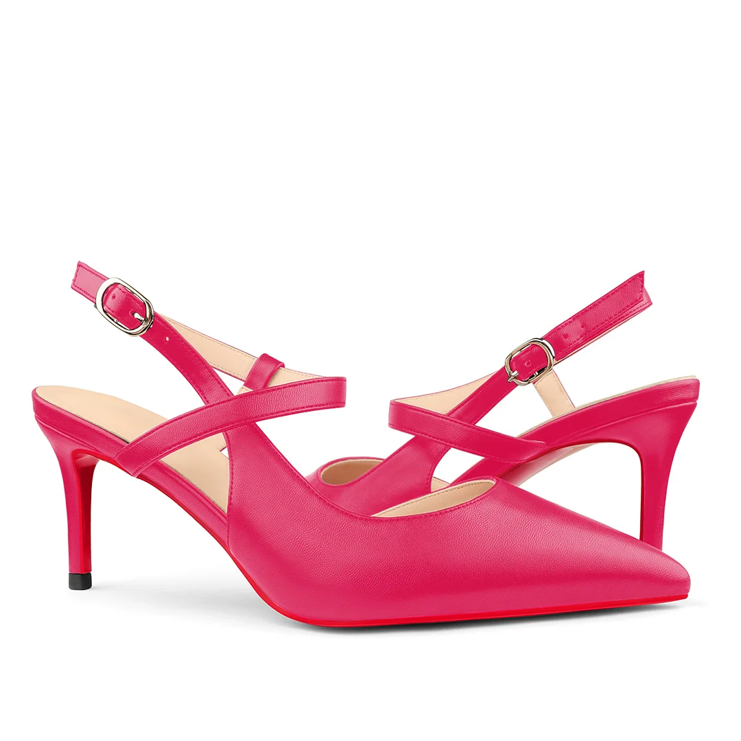 65mm Women Slingback Pumps Ankle Strap Red Bottom Stiletto Mid Heel Close Pointed Toe Summer Soles Sandals-MERUMOTE