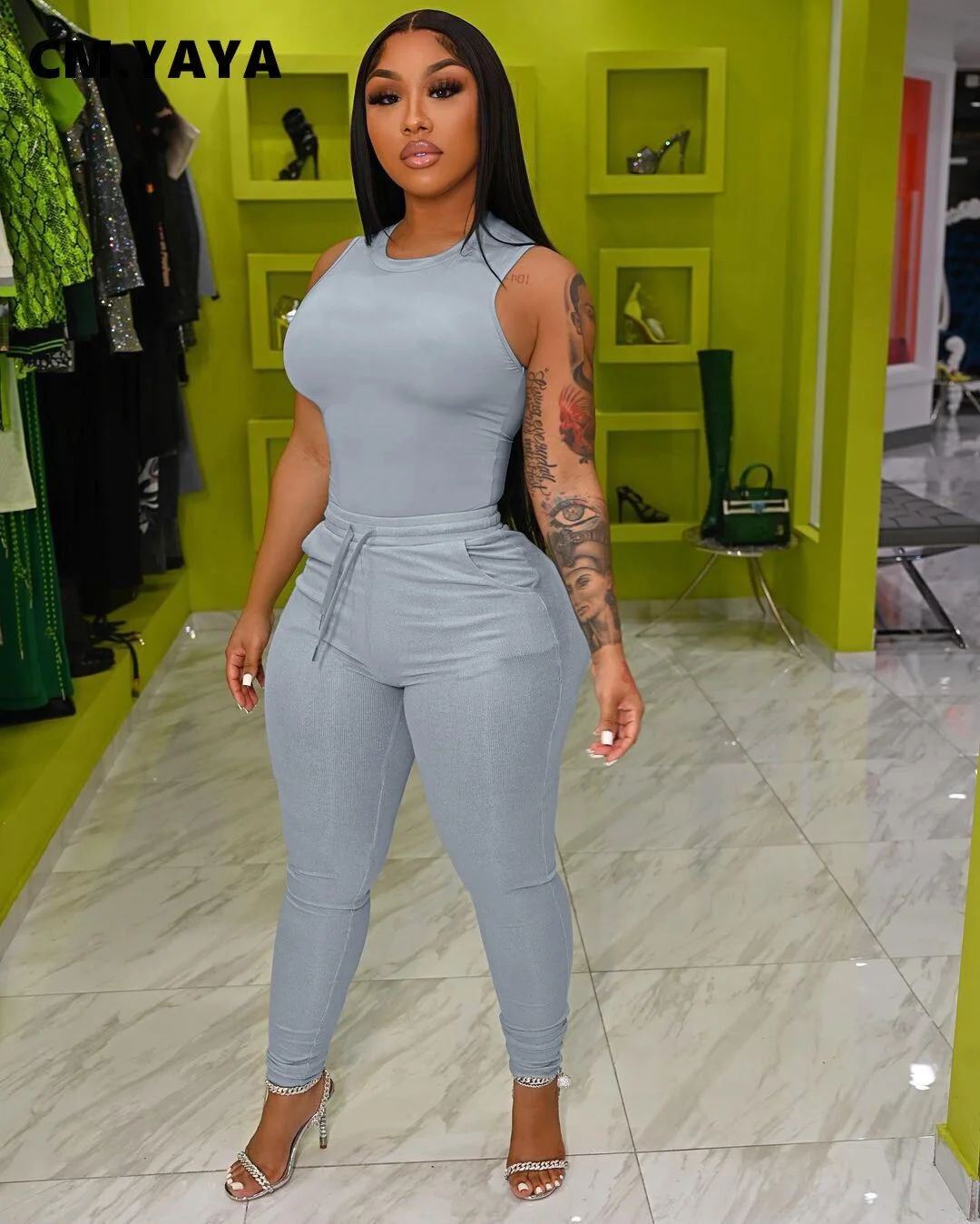 CM.YAYA Active Street Women 2pcs Set Tank Tops and Shorts Set 2022 Summer Sport Casual Sweatsuit Tracksuit Two Piece Set Outfits