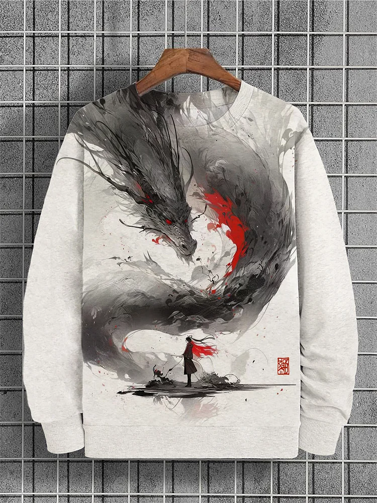 Men's Oriental Dragon Swordsman Ink Art Print Sweatshirt