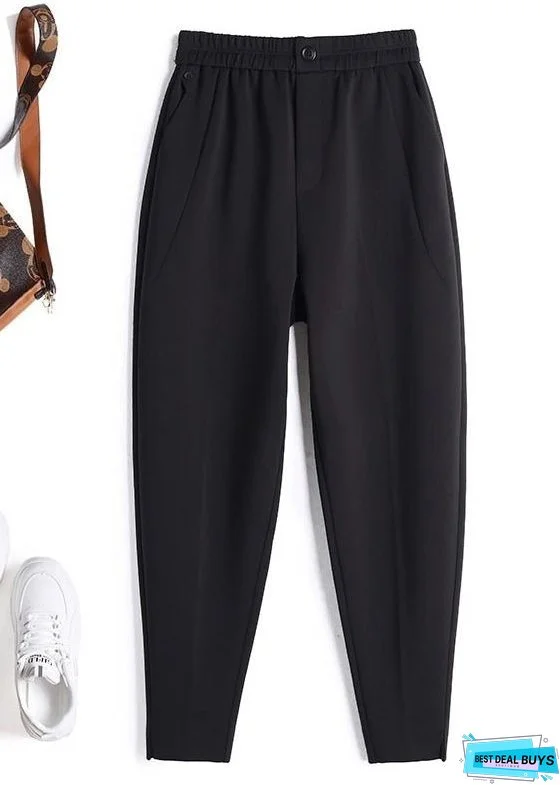 Simple Coffee Solid Pockets High Waist Cotton Crop Pants Spring