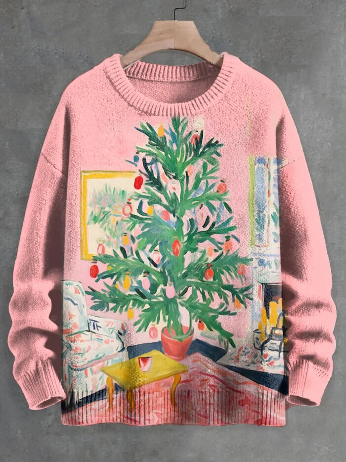 Men's Abstract Watercolor Pink Christmas Art Print Knit Sweatshirt
