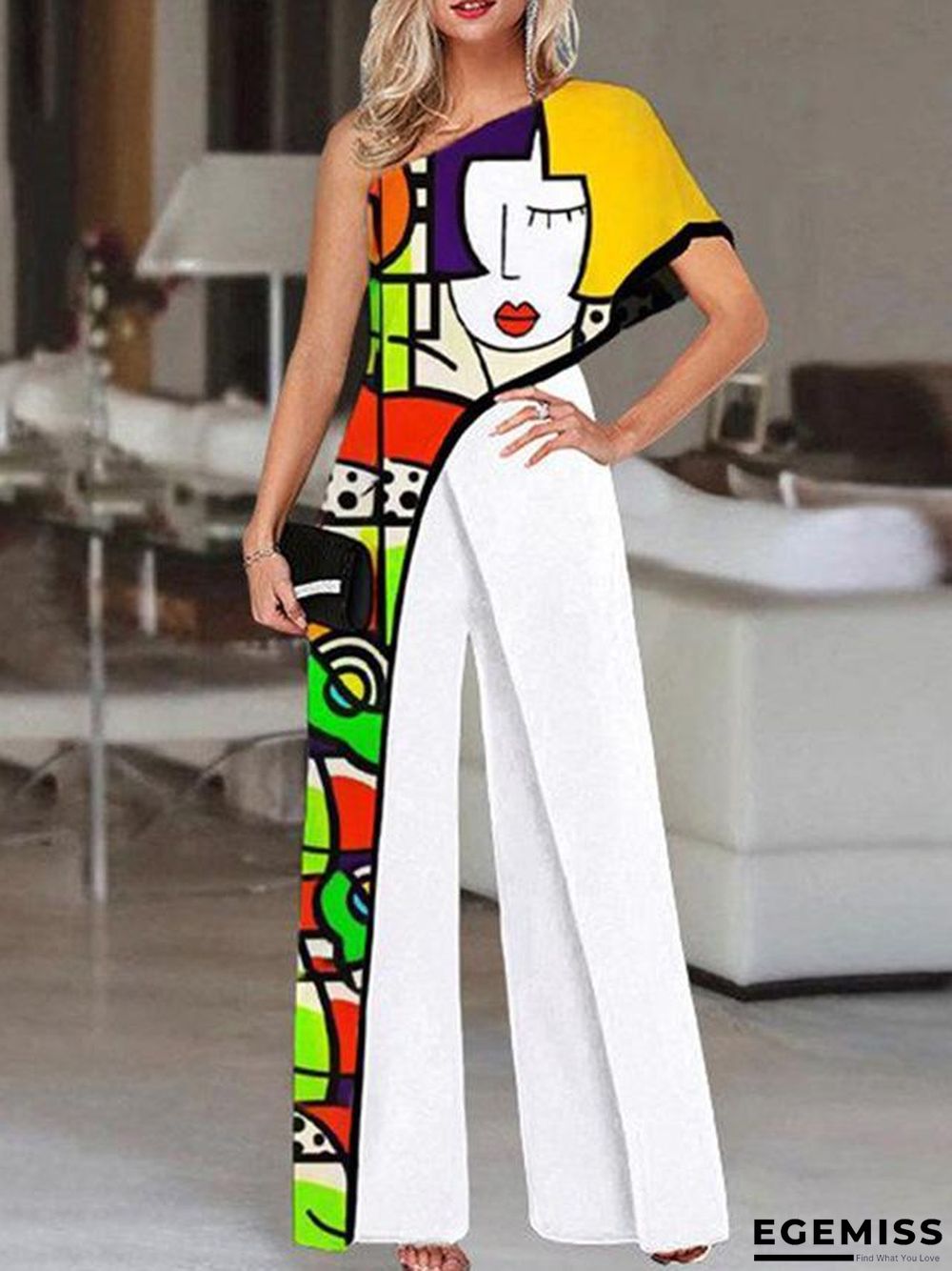 Jumpsuit Printed Diagonal Shoulder Fashion Wide Leg Pants for Women | EGEMISS