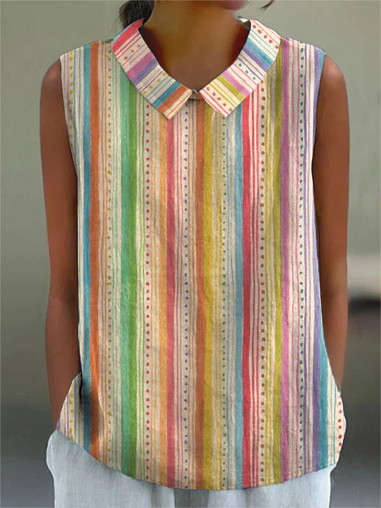 Women's Colourful Art Lines Lovely Print Casual Cotton And Linen Shirt