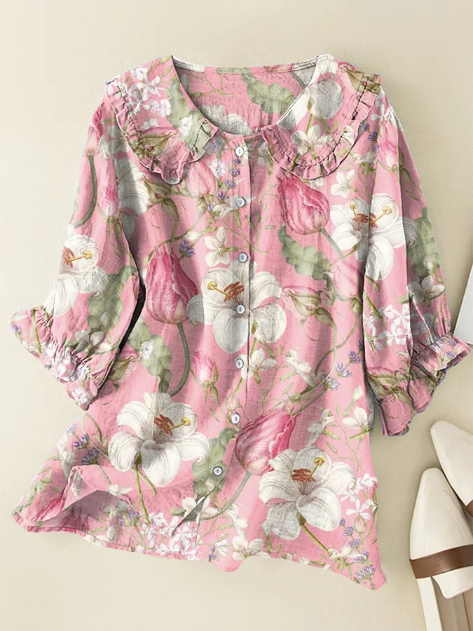 Vintage Floral Cotton and Linen Peter Pan Ruffle Collar Shirt