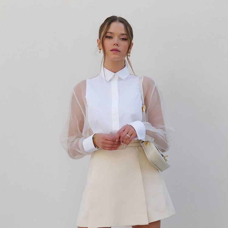 Ootddress Mesh See-Through Fashion Shirts Women Patchwork Sheer Solid Lapel Crop top Casual Long Sleeve High Waist Female Blouse