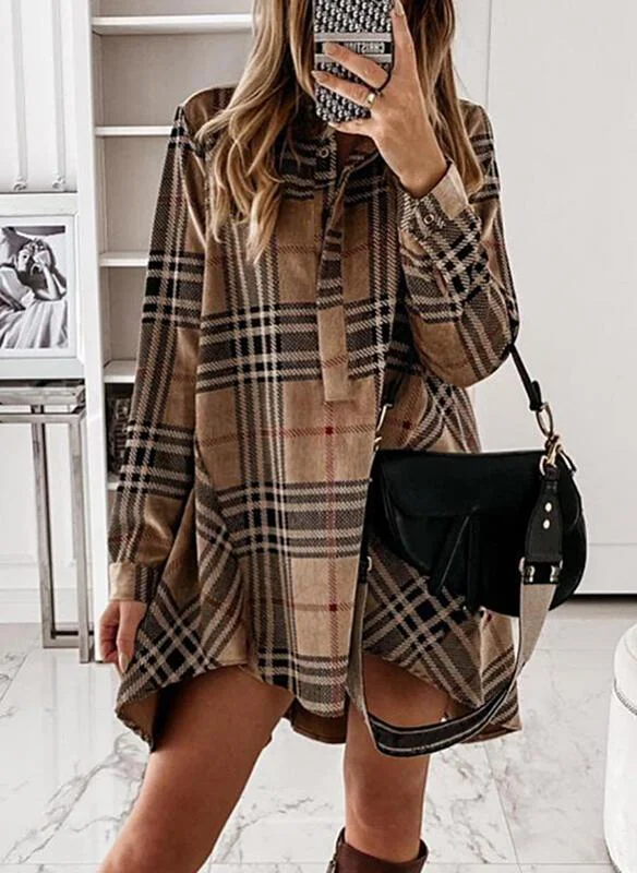 Plaid Long Sleeves Shift Above Knee Casual Shirt Dresses