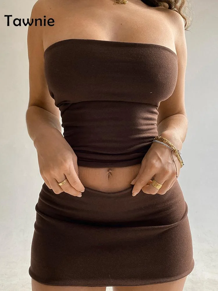 Tawnie 2022 Summer Y2K Skirt Set Women Casual Backless Strapless Crop Tops Mini Skirt Two Piec Set Beach Outfits Co-Ord Sets