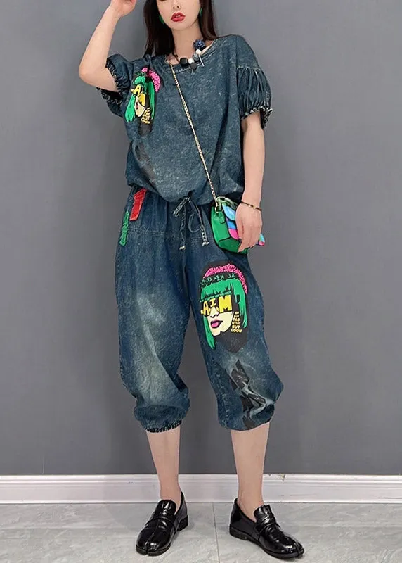 Handcrafted Blue O-Neck Wrinkled Appliques Denim Tops and Pants-Two Piece Set Women