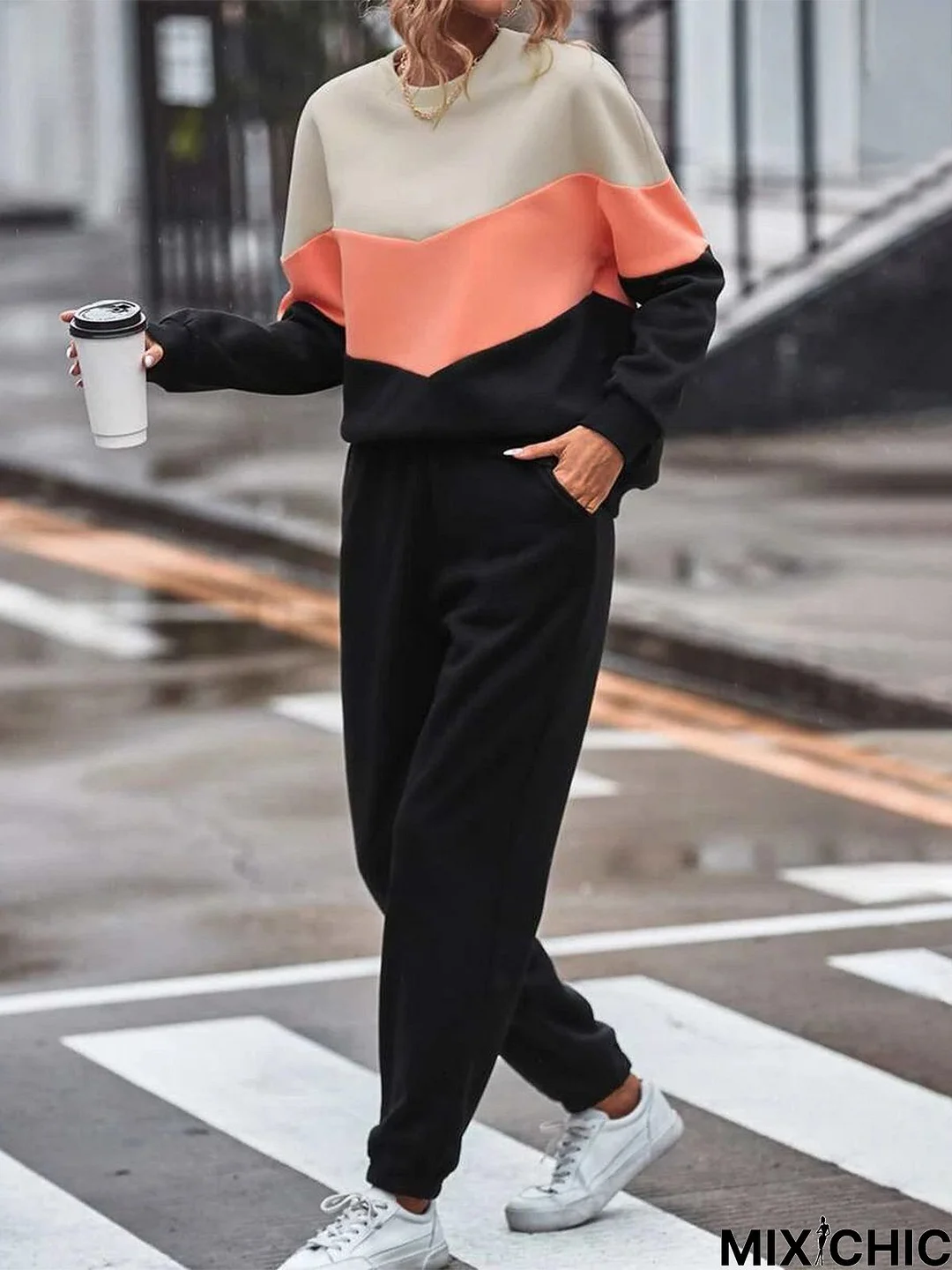 Color Block Long Sleeve Casual Two-Piece Set