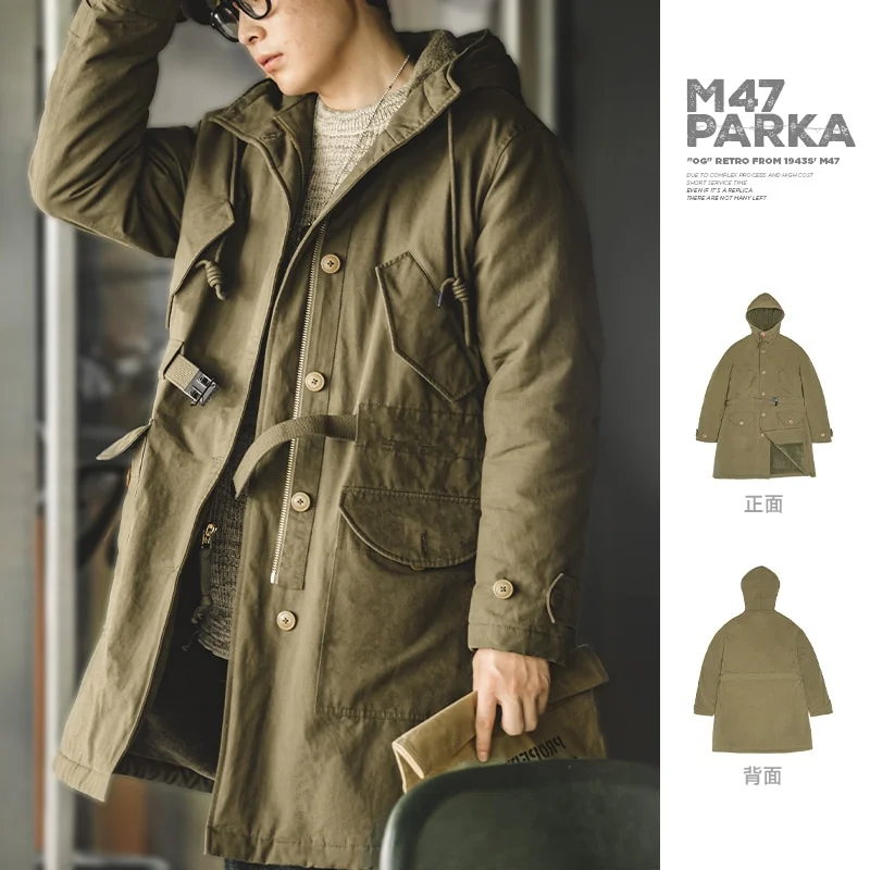 Aonga Autumn Outfits  Heavy M47 Parka for Male Thick Warm Winter Long Jacket Hooded Classic Trench Coats Vintage Army Green Padded Coat 2023 New