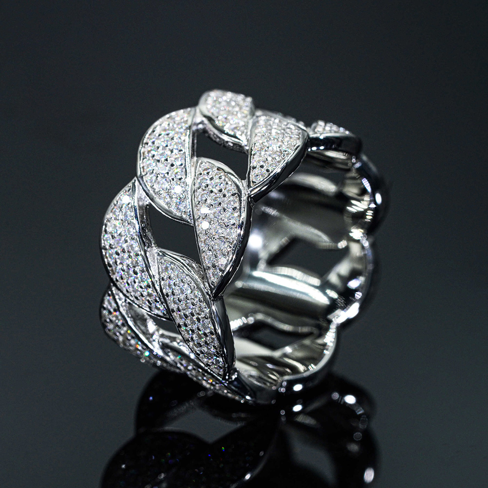 925 Sterling Silver Moissanite Three-Row Cuban Rings