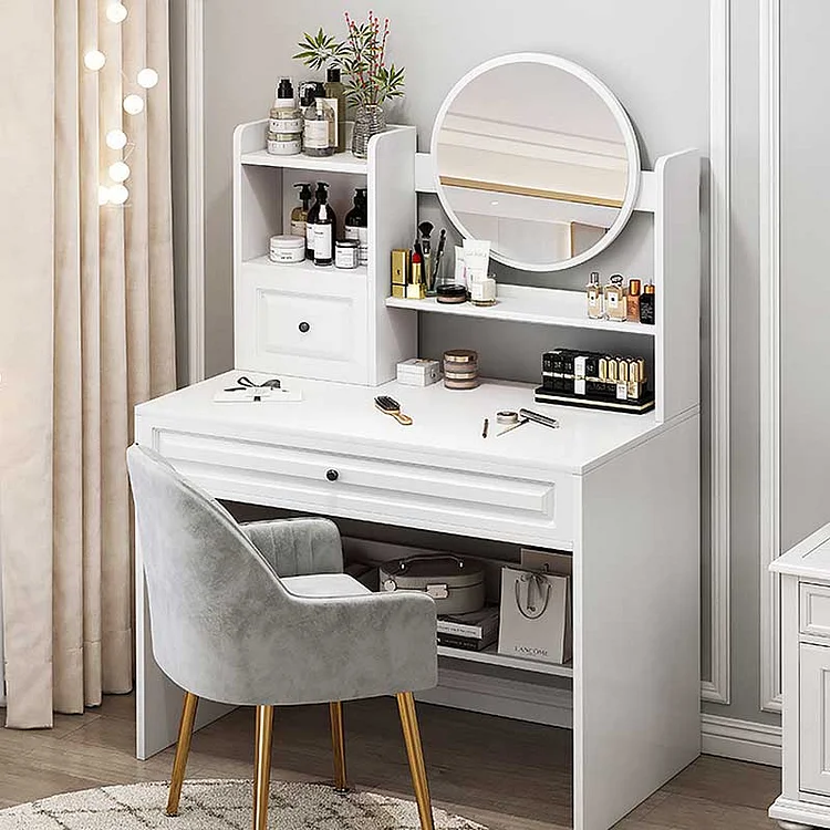 White Modern Style Round Mirror Large Space Dressing Table
