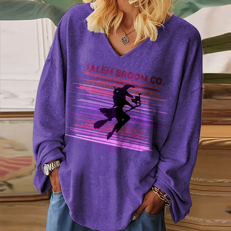 High Heel Flying Witch Pattern Printed Women Purple T-shirt