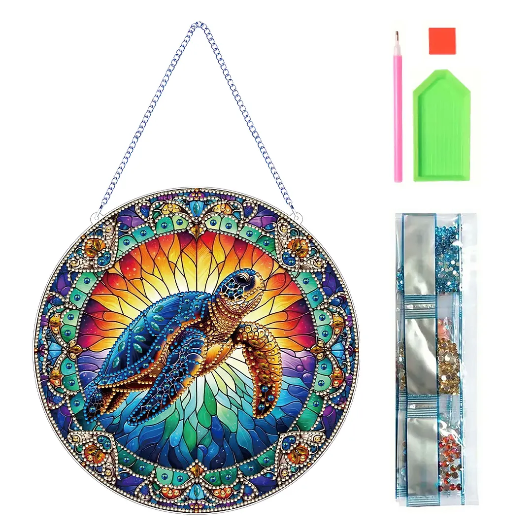 2D Flat DIY Stained Glass Turtle Suncatcher Diamond Painting Art Pendant