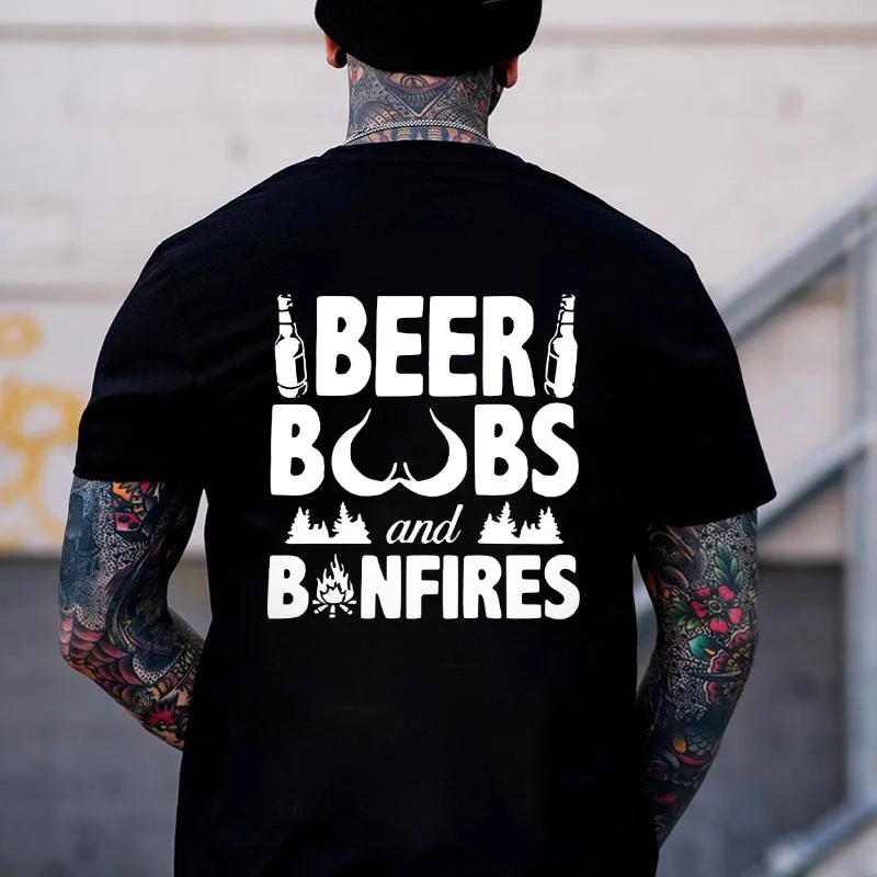BEER BOOBS AND BONFIRES Graphic Black Print T-shirt
