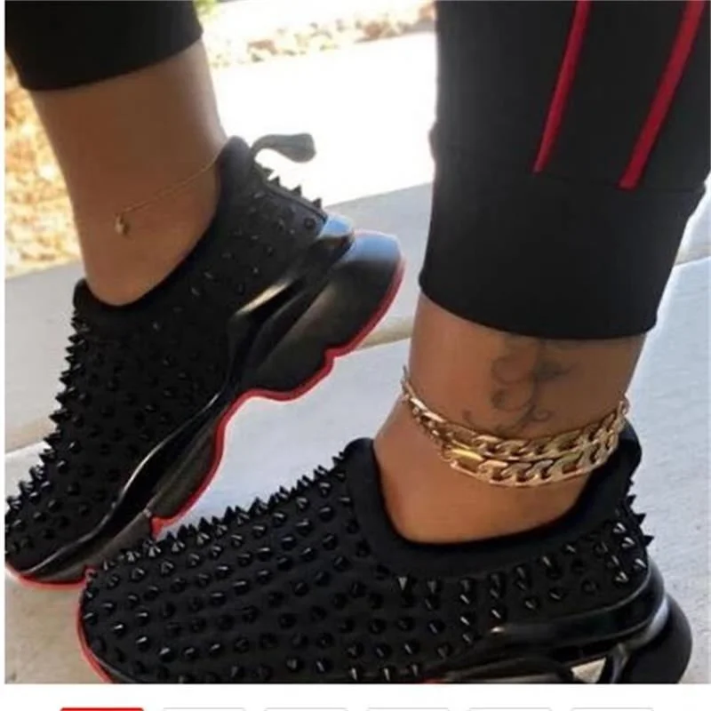 Women Vulcanized Sneakers Slip On Thick Sole Wedge Platform Red Black Rhinestone Rivet Autumn Winter Female Shoes Size 35-43