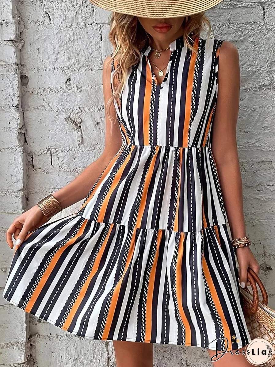 Fashion Print Stand Collar Striped Sleeveless Mini Dress