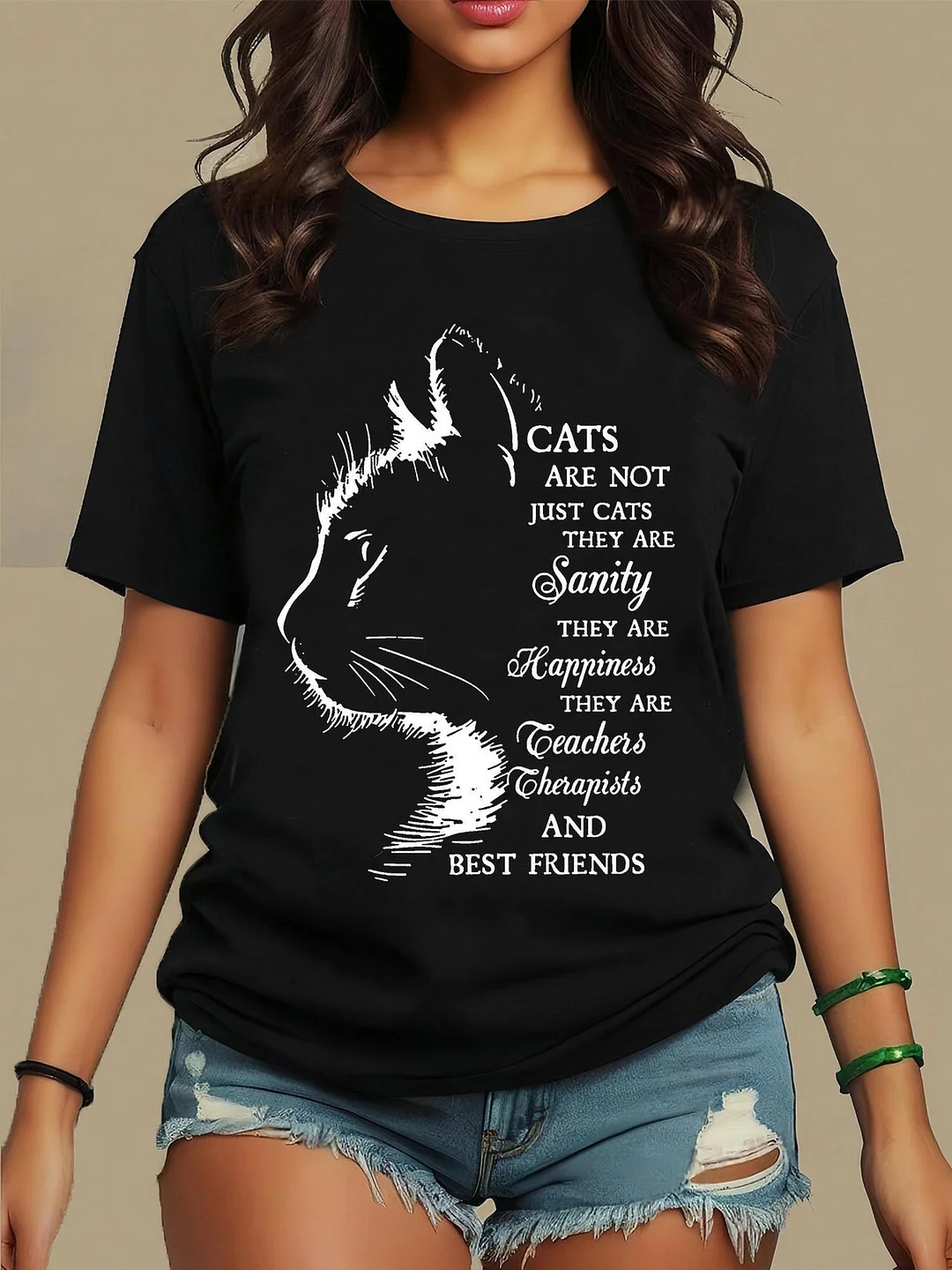 Women's Cat Lover T-Shirt - Soft Round Neck Short Sleeve With Whimsical Kitten Silhouette & Inspirational Quote, Machine Washable Casual Tee, Black & White Graphic Design For Spring Summer Outfits, Easy To Match, Casual Attire, Playful Design | IFYHOME