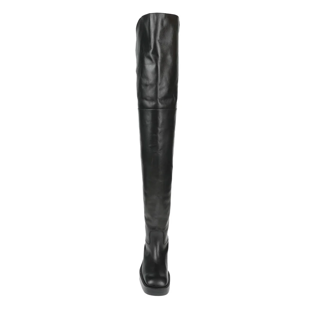 Black Round Toe Low Chunky Heel Cut Out Thigh High Boots with Buckle