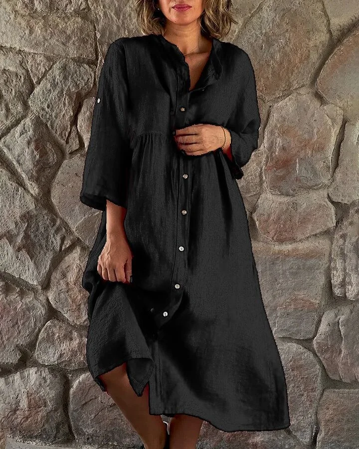 Vintage Cotton Linen Fashion Single Breasted Casual 3/4 Sleeve Solid Loose Party Midi Dress