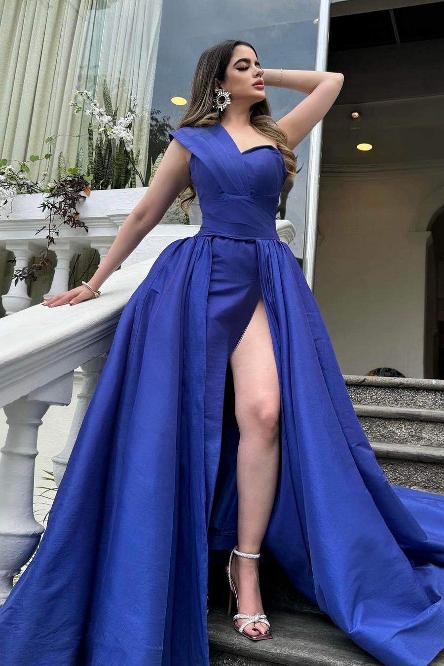 Lvs&Broner Chic One Shoulder Sweetheart Sleeveless Long Prom Dress With Front Split