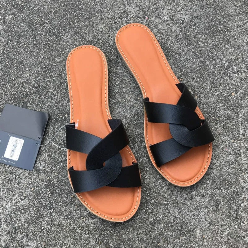 Women Fashion Sandals Casual Flat Beach Shoes Summer Female Shoes Brand Leather Slip on Slides Solid Color Outdoor Woman Sandal
