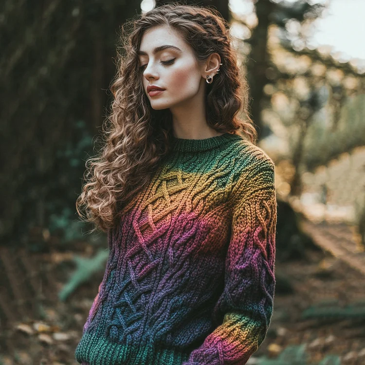 Classic Celtic Chunky Rainbow Color Round Neck Cozy Sweater