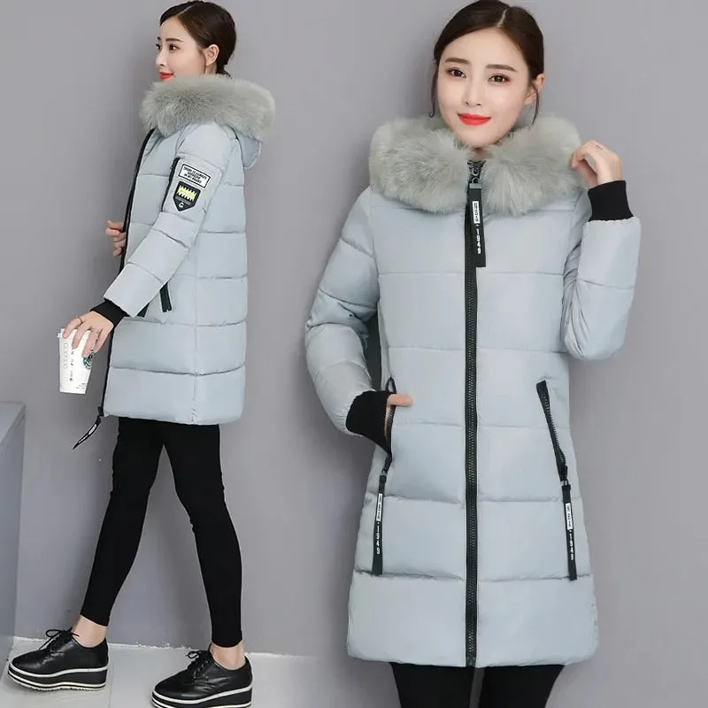2021 Winter Jacket Hooded Fur Collar Women Parkas Outwear High Quality Parkas Female Slim Paddinh Parka Women Mid-Long Coats