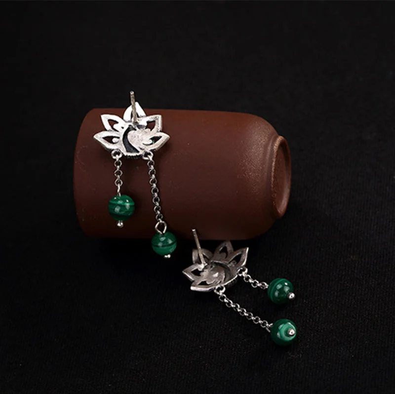 990 Sterling Silver Malachite Phoenix Peony Flower Bead Protection Drop Earrings