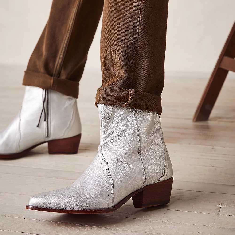 Silver Pointed Toe Chunky Heel Stylish Western Booties for Women Nicepairs
