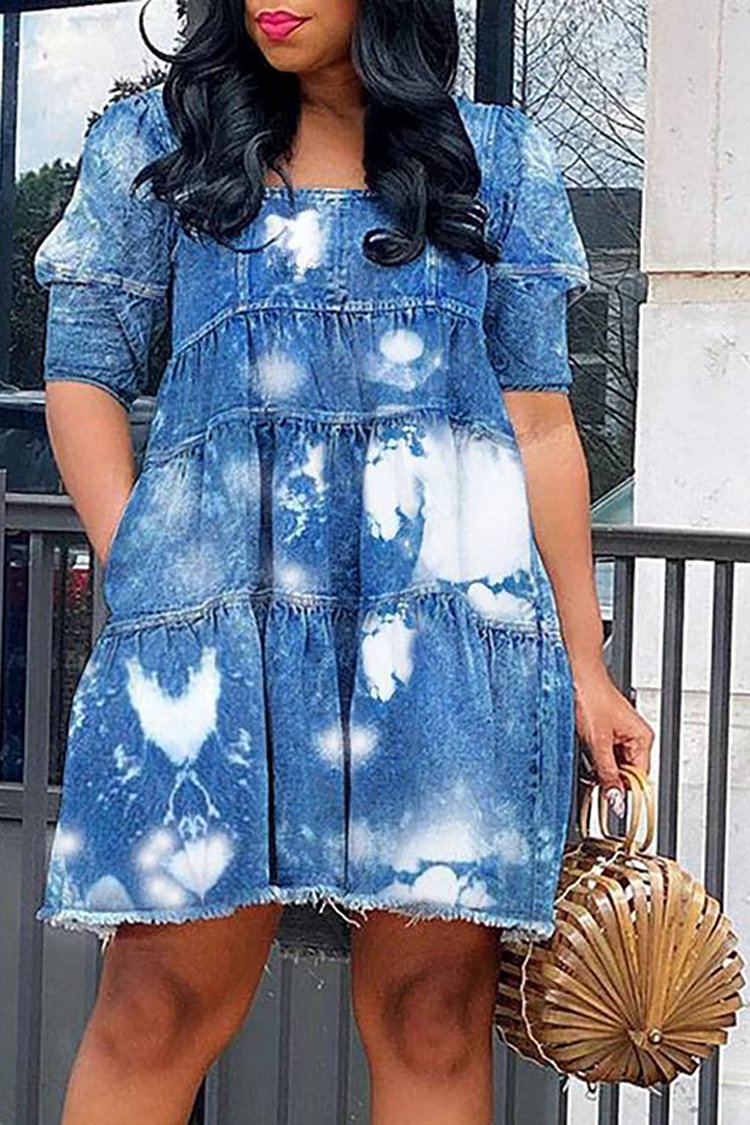 Xpluswear Plus Size Navy Blue Daily Denim Puff Sleeve Babydoll Dress Mini Dress [Pre-Order]