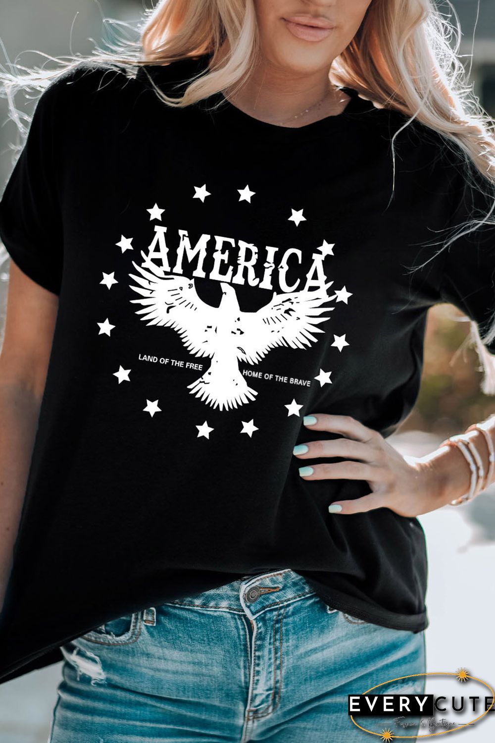 Black AMERICA Eagle Star Graphic Print Short Sleeve T Shirt