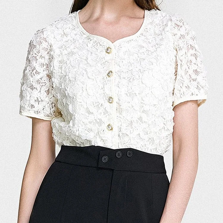 Light Yellow Textured Floral Button Front Blouse QueenFunky