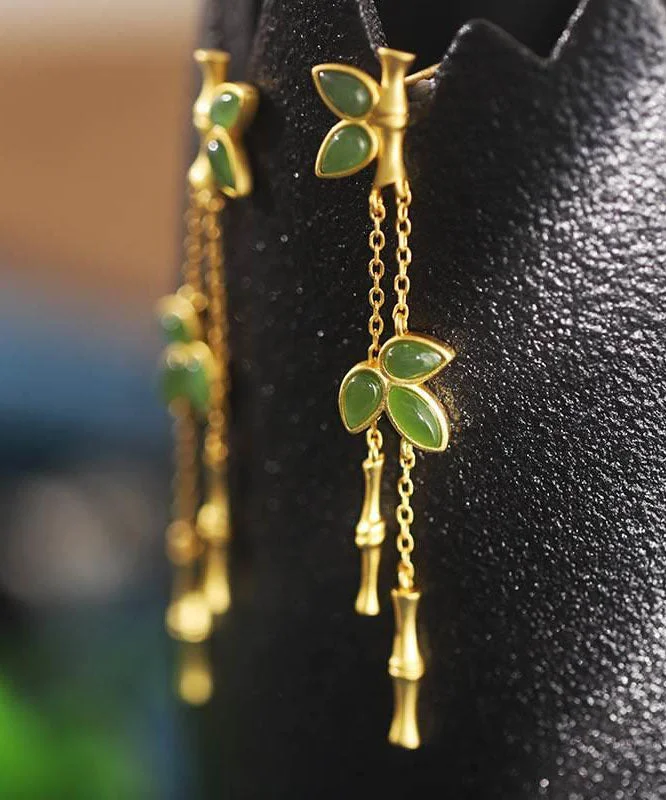 Modern Green Sterling Silver Overgild Bamboo Drop Earrings